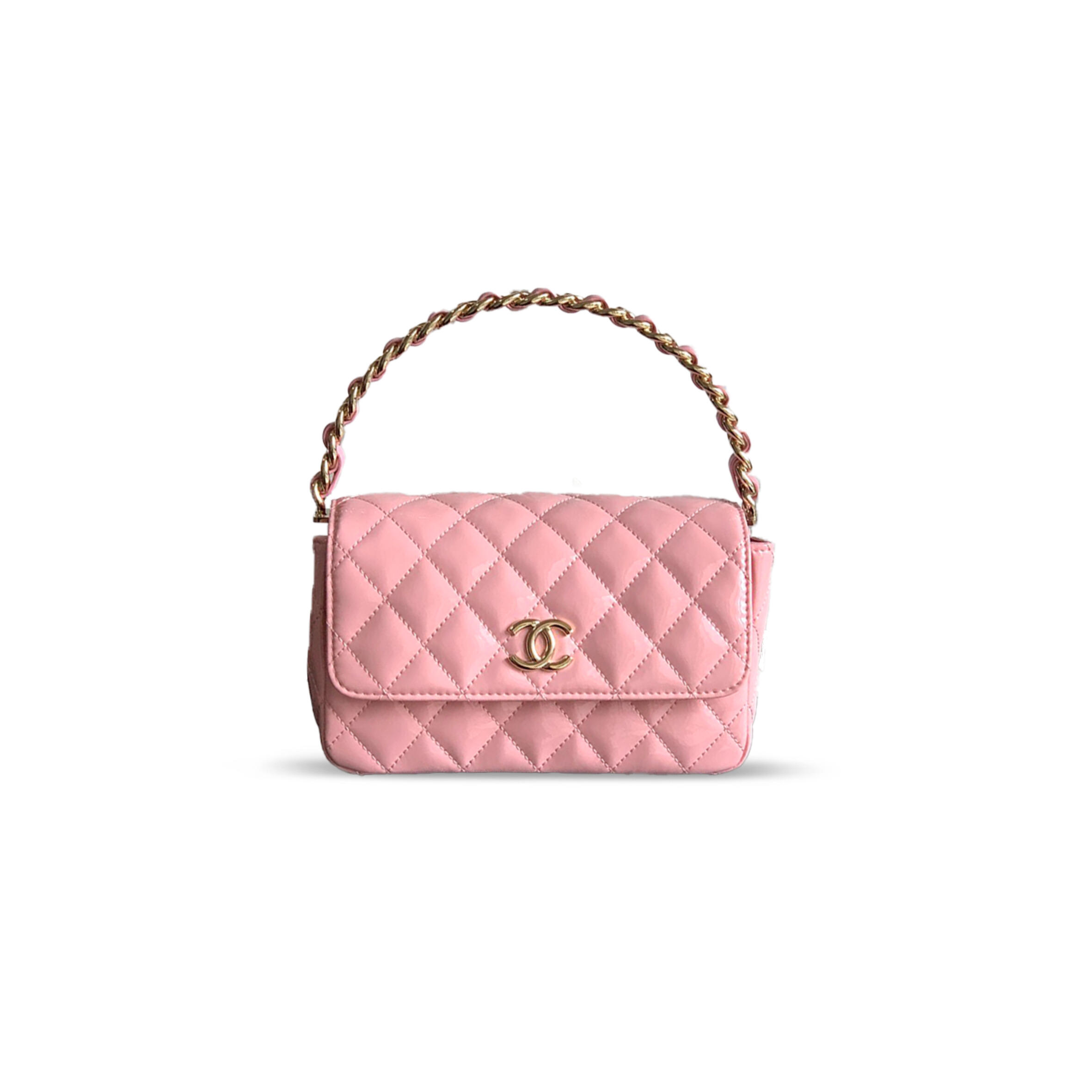 CHANEL MASTER HANDLE FLAP BAG PATENT CALFSKIN & GOLD METAL PINK 496583 (18.5*10.5*8cm)